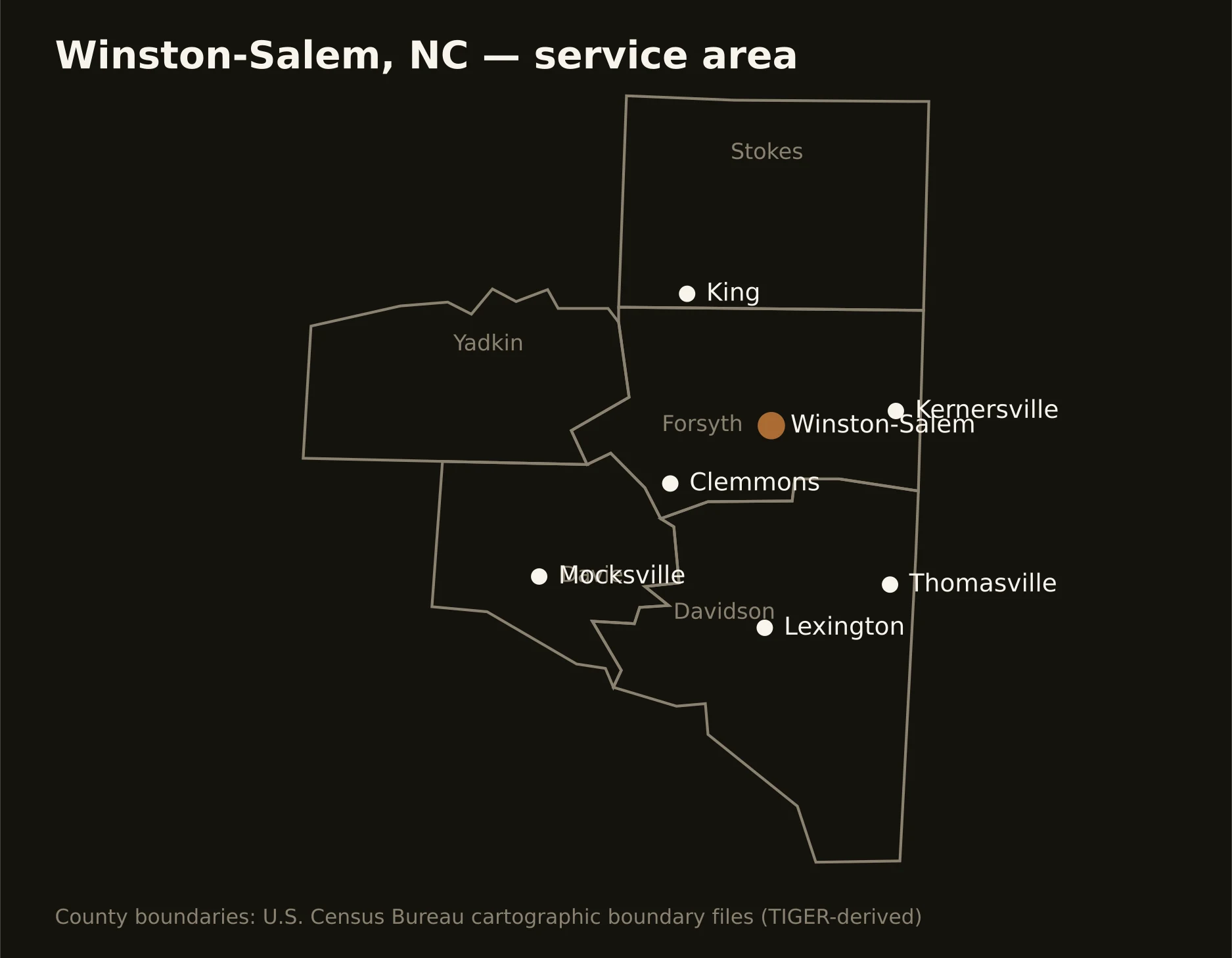 Winston-Salem, NC directional drilling service area map — component counties and cities served